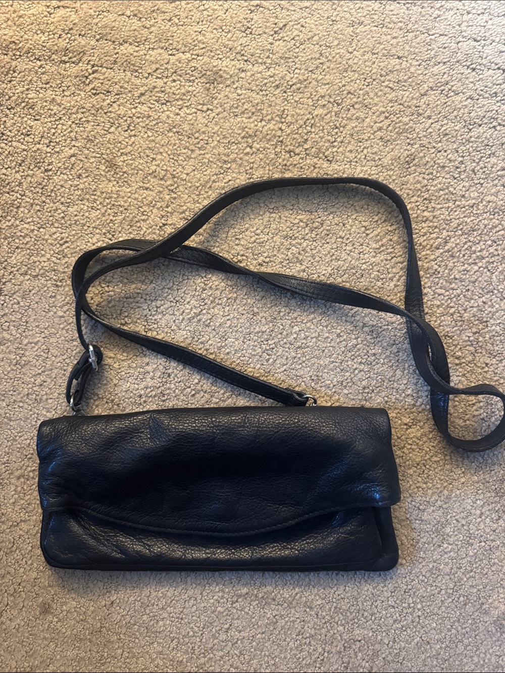 Black Leather Fold-Over Crossbody Bag